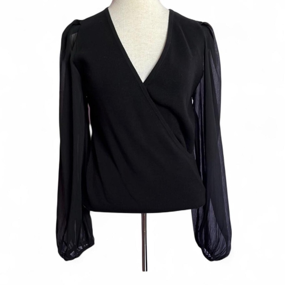 $118 French Connection Black Sheer Sleeve Wrap Blouse